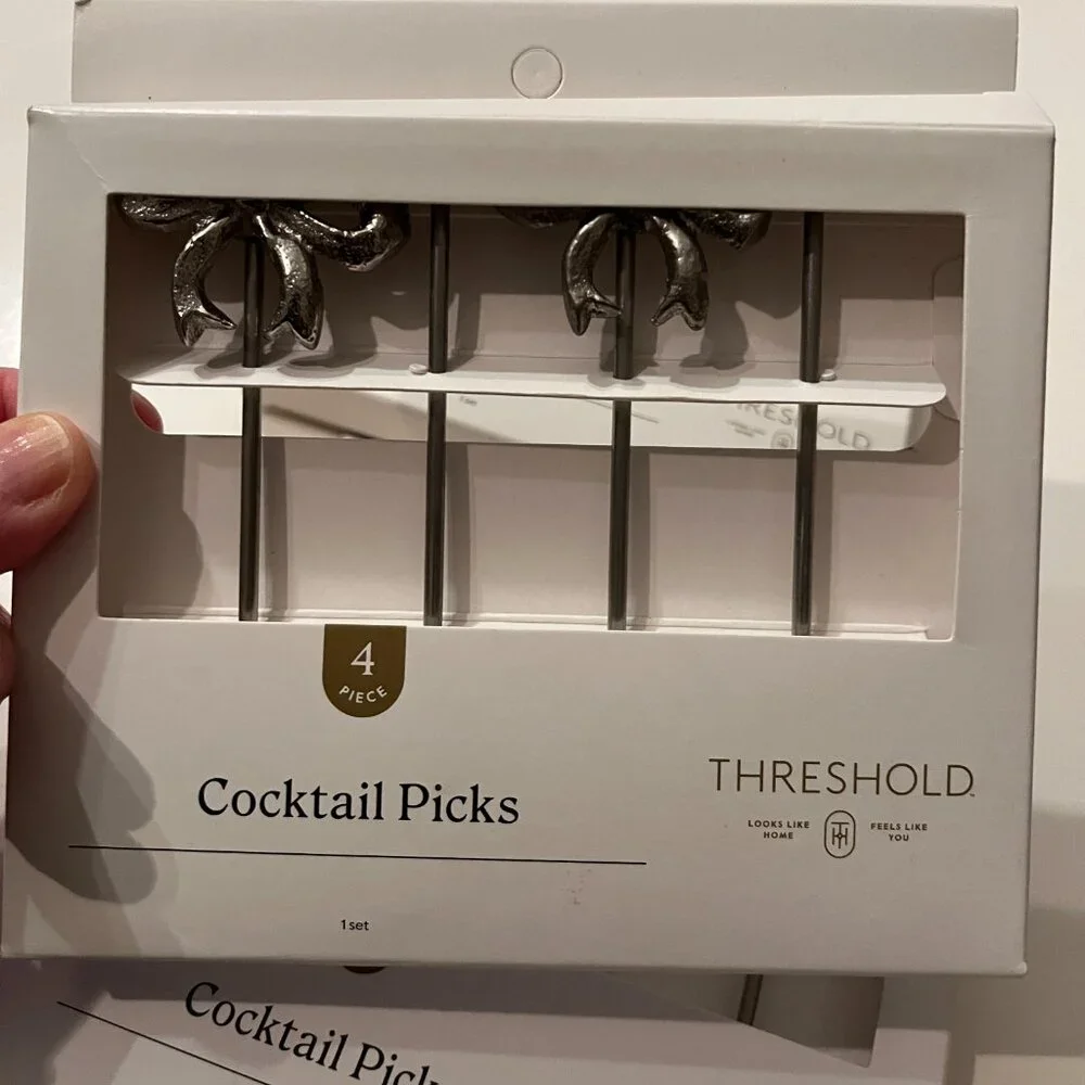 Cocktail Picks - Bow-Themed Picks - 3 boxes/4 per box) New - Silver Color
